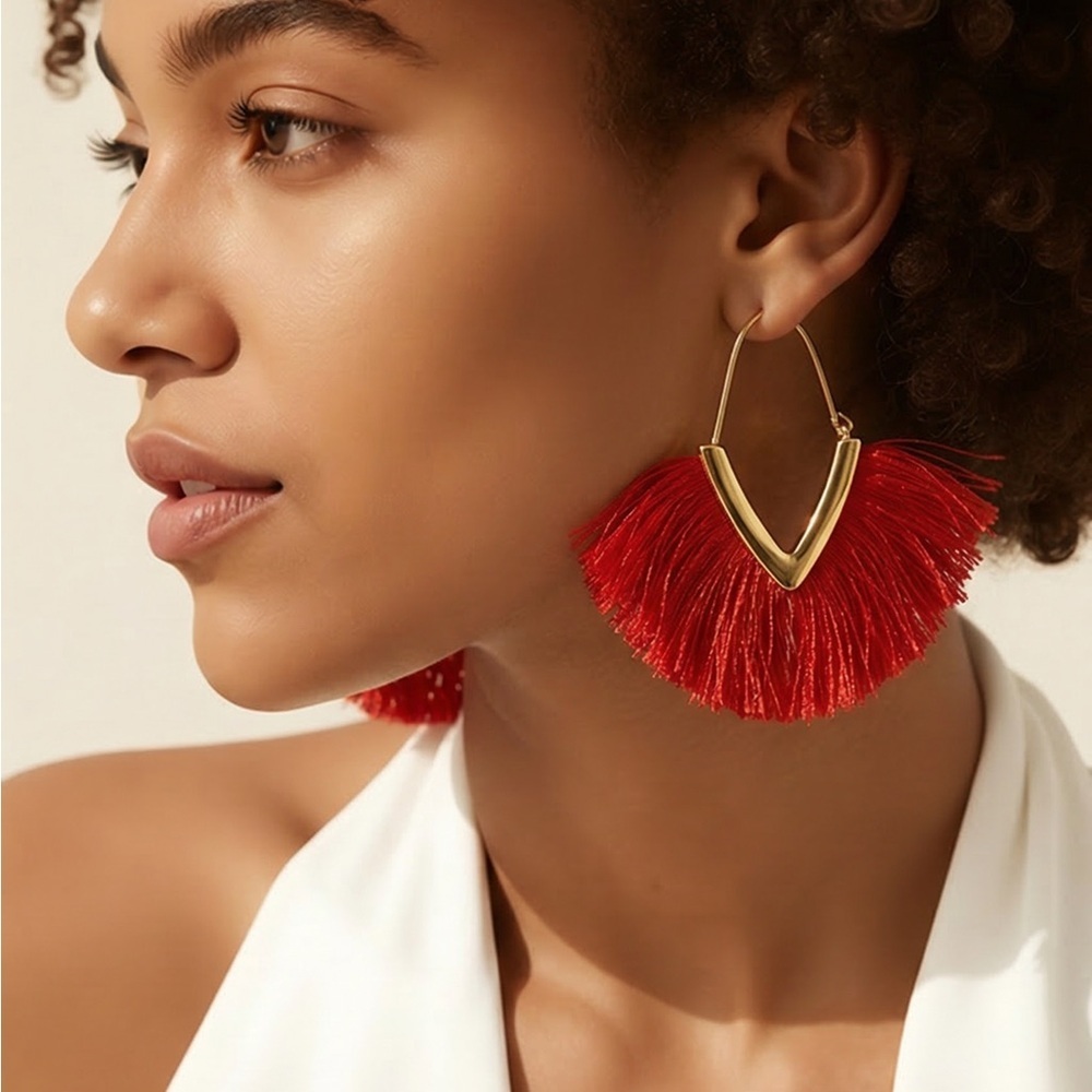 EUC - Red Dangle Hoop Fringe Earrings - Gold Trim